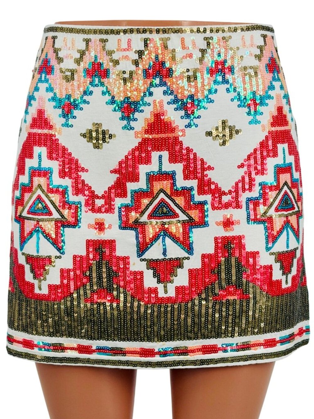 Miami Francescas Sequin Mini Skirt M| Indie Sleaze Bodycon Glam Boho Y2K10 Aztec - Picture 2 of 16